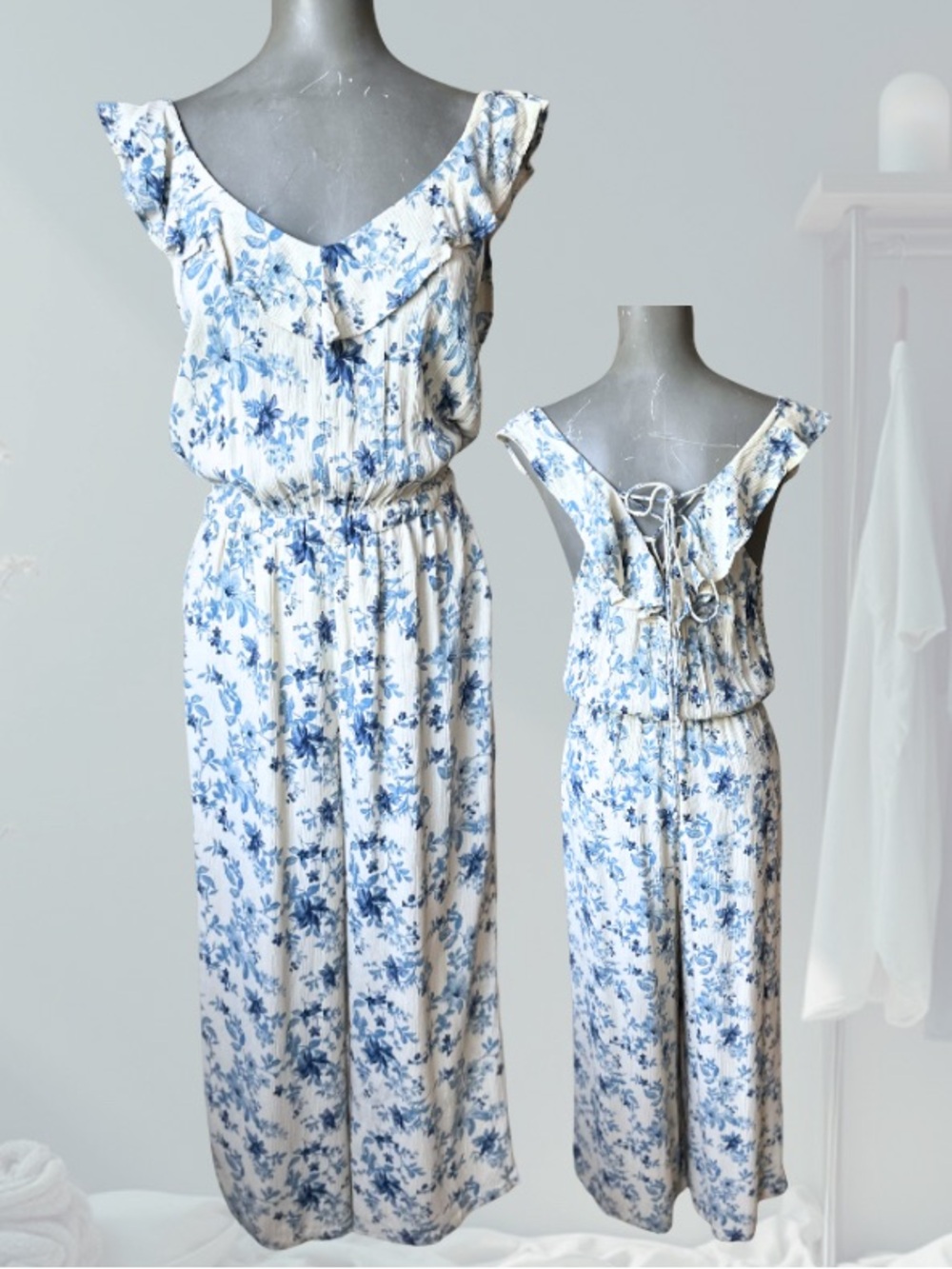 American Eagle Blue Floral Ruffle Jumpsuit - Women